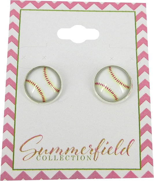Summerfield Collection Silver-tone Baseball Print Glass Stud Earrings 12mm