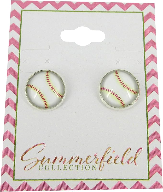 Summerfield Collection Silver-tone Baseball Print Glass Stud Earrings 12mm