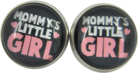 Summerfield Collection Stainless Steel Mommy's Little Girl Print Glass Stud Earrings 12mm