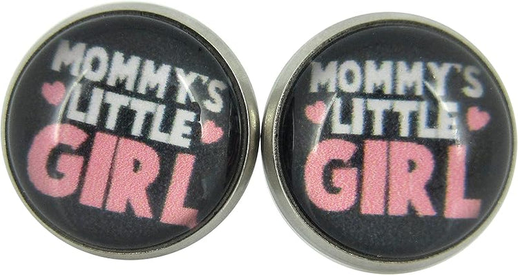 Summerfield Collection Stainless Steel Mommy's Little Girl Print Glass Stud Earrings 12mm