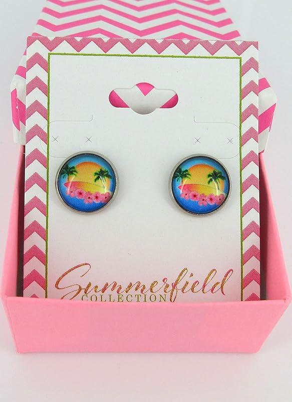 Summerfield Collection Stainless Steel Retro Tropical Sunset Palm Tree Print Glass Stud Earrings 12mm Hibiscus Flower