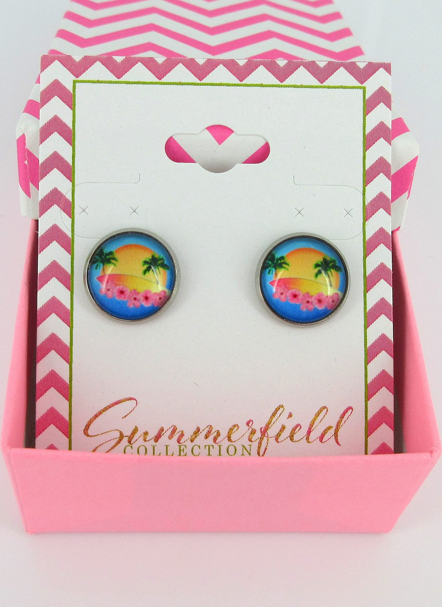 Stainless Steel Retro Tropical Sunset Palm Tree Print Glass Stud Earrings 12mm Hibiscus Flower