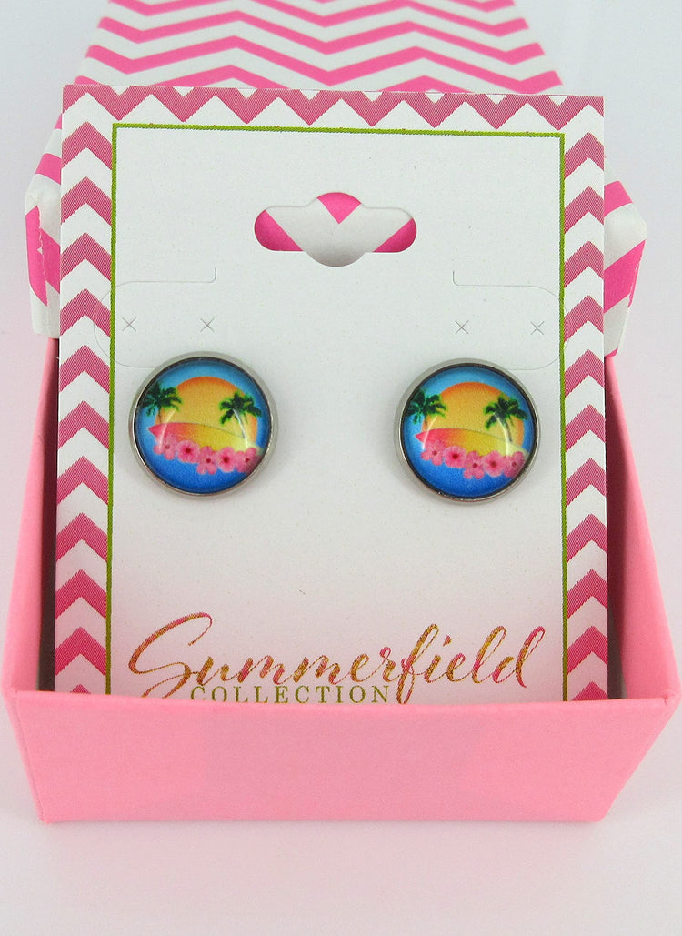 Stainless Steel Retro Tropical Sunset Palm Tree Print Glass Stud Earrings 12mm Hibiscus Flower