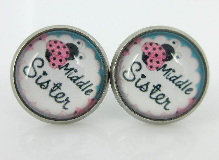 Summerfield Collection Stainless Steel Sister Print Glass Stud Earrings 12mm (Middle Sister)