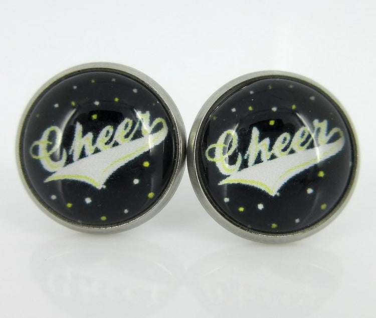 Summerfield Collection Stainless Steel Cheer Printed Glass Stud Earrings 12mm (Cheer)