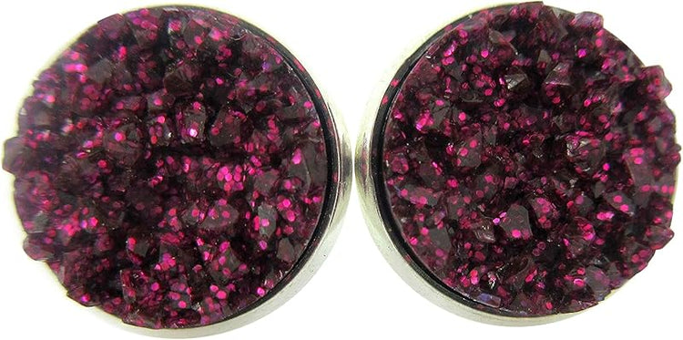 Summerfield Collection Silver-tone Maroon with Pink Glitter Faux Druzy Stone Stud Earrings (12mm)