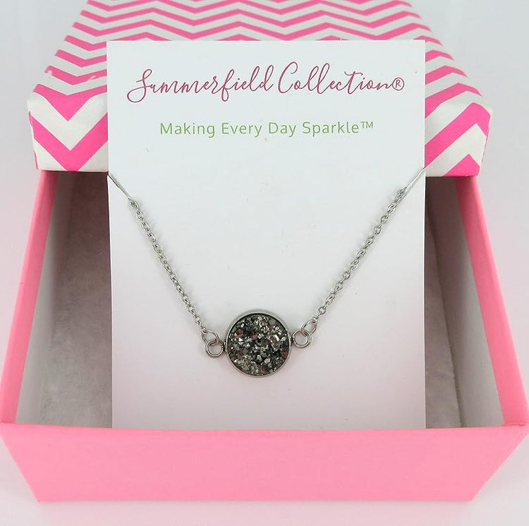 Summerfield Collection Stainless Steel Faux Druzy Stone Pendant Necklace (Gunmetal)