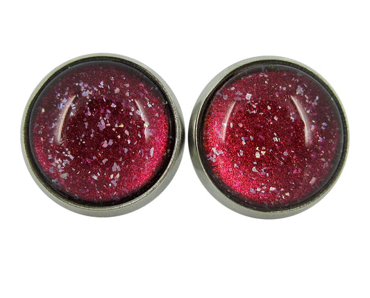 Stainless Steel Red Colorshifting to Orange Yellow and Green Glitter Glass Stud Earrings Hand-painted 10mm