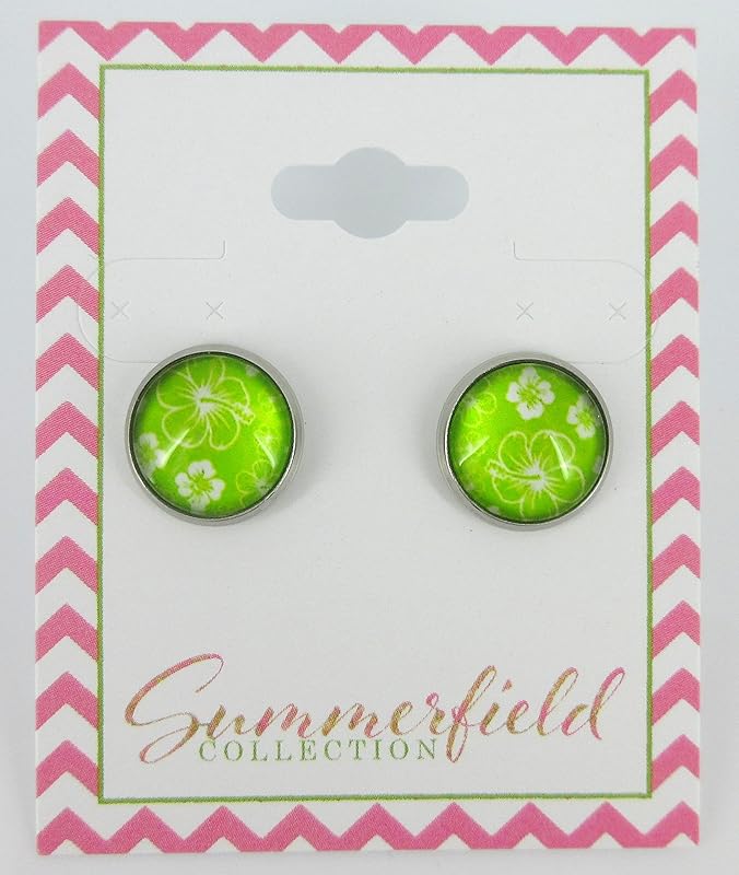Summerfield Collection Stainless Steel Hibiscus Flower Print Glass Stud Earrings 12mm Hawaiian (Lime Green)