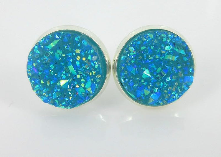 Summerfield Collection Trio Silver-tone Stud Earrings Green AB Blue Faux Druzy Stone Mermaid Scale Set 12mm