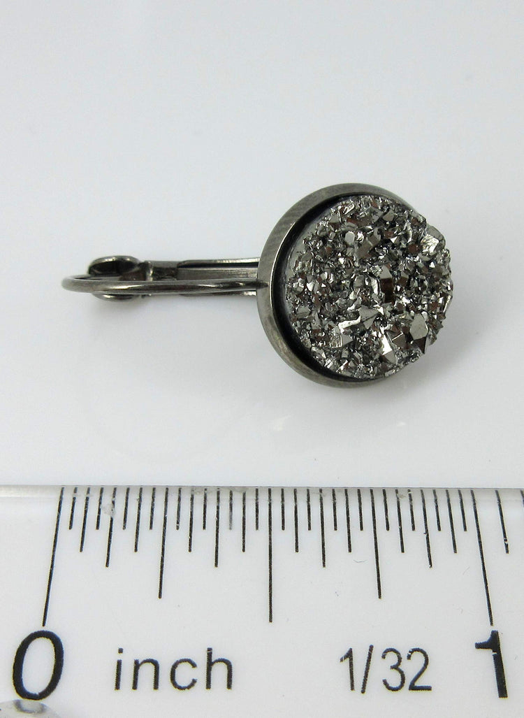 Hematite-tone Gunmetal Gray Faux Druzy Stone Lever-back Drop Earrings 12mm