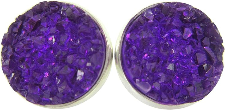 Summerfield Collection Silver-tone Faux Druzy Stone Stud Earrings 12mm (Deep Purple)