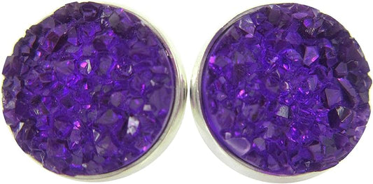 Summerfield Collection Silver-tone Faux Druzy Stone Stud Earrings 12mm (Deep Purple)