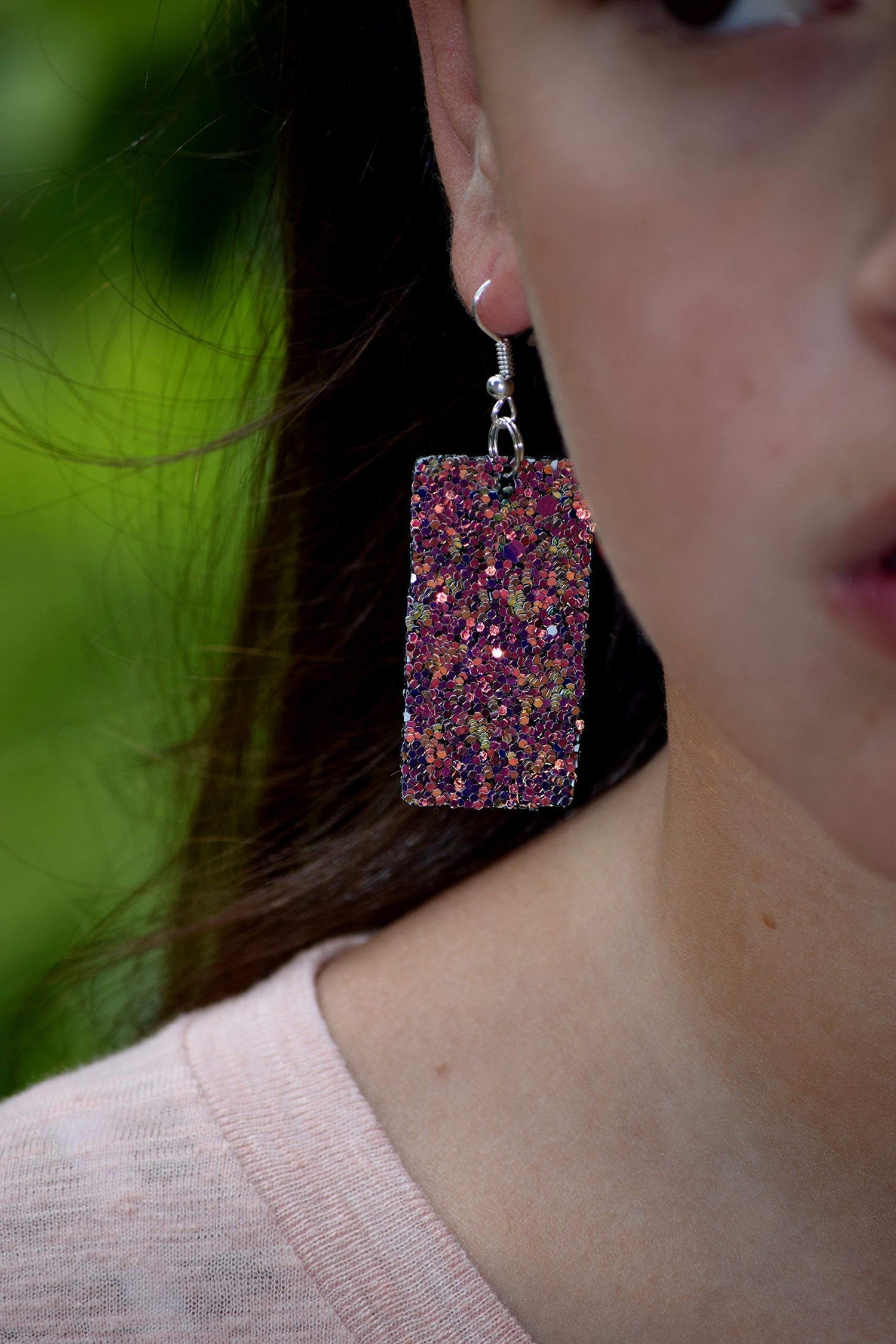 Sunset Glitter Faux Leather Large Rectangle Dangle Earrings