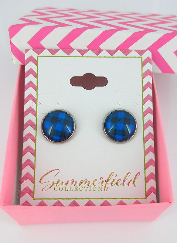Summerfield Collection Stainless Steel Buffalo Plaid Print Glass Stud Earrings 12mm (Blue/Dk Gray)