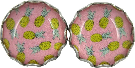 Summerfield Collection Stainless Steel Pink Pineapple Print Glass Stud Earrings 12mm