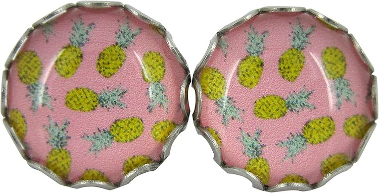 Summerfield Collection Stainless Steel Pink Pineapple Print Glass Stud Earrings 12mm