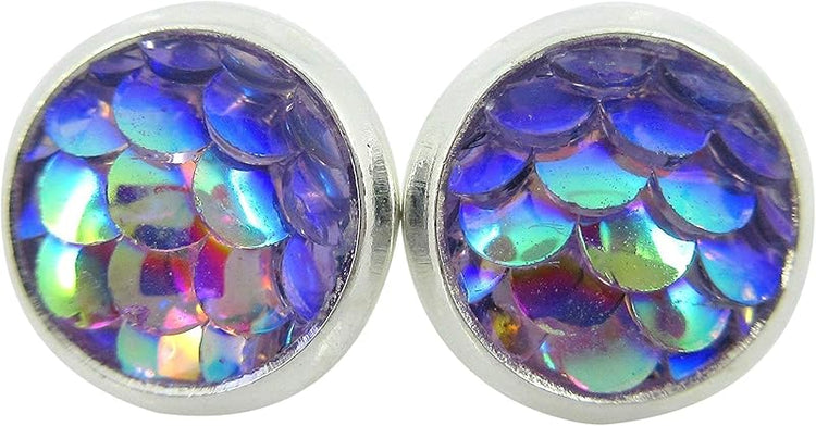 Summerfield Collection Silver-tone Metallic Mermaid Scale Stud Earrings 8mm (Light Purple)