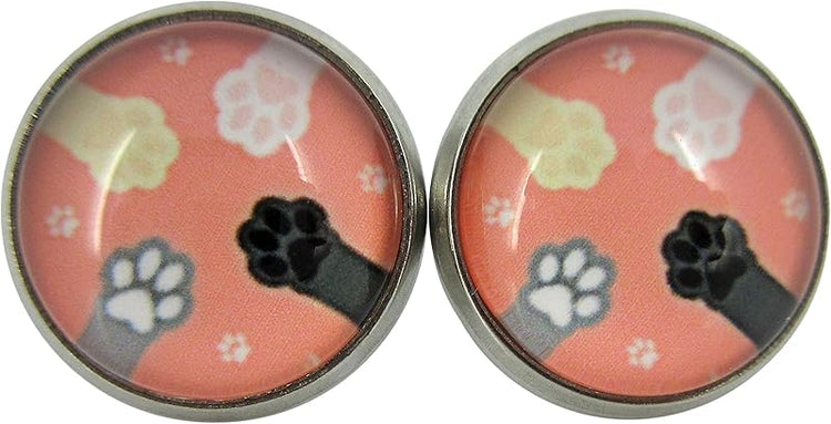 Summerfield Collection Stainless Steel Cat Paw Print Glass Stud Earrings 12mm (Peach)