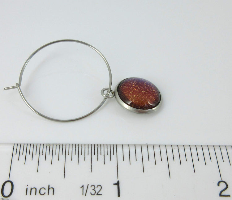 Stainless Steel Blue Red Purple and Gold Glitter Glass Charm Hoop Earrings Hand-painted 1"