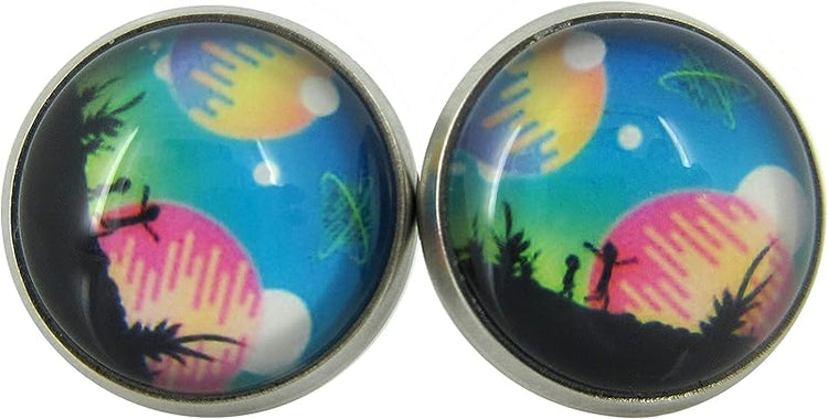 Summerfield Collection Stainless Steel Night Sky Planet Alien UFO Scene Print Glass Stud Earrings 12mm