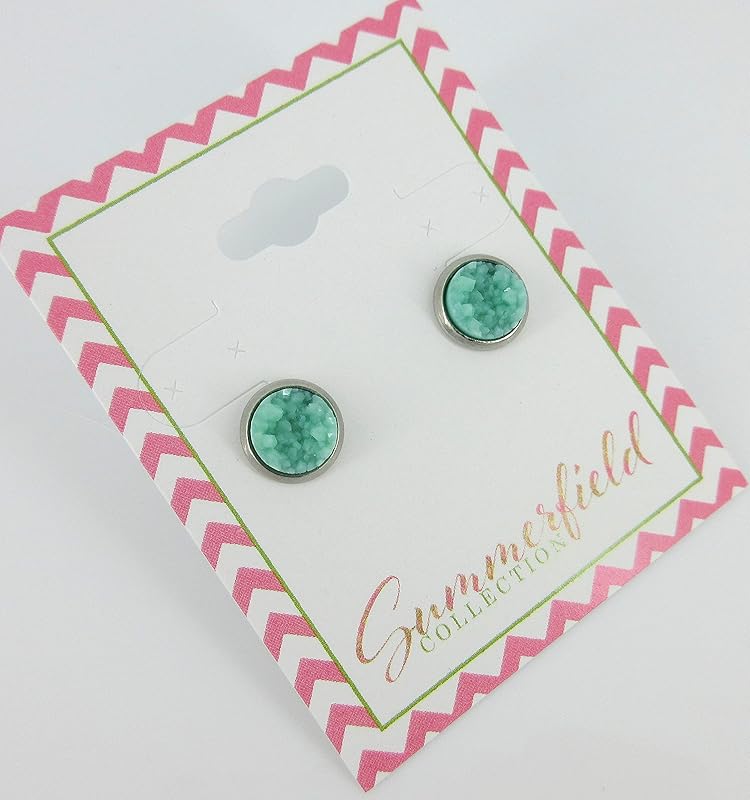 Summerfield Collection Stainless Steel Matte Faux Druzy Stone Stud Earrings 8mm (Mint Green)