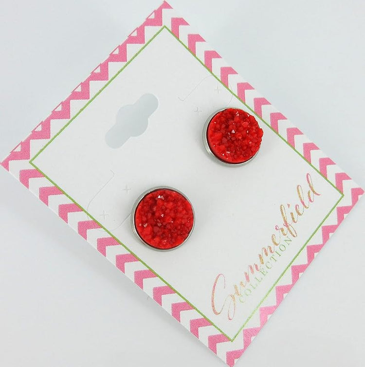 Summerfield Collection Stainless Steel Matte Faux Druzy Stone Stud Earrings 12mm (Classic Red)