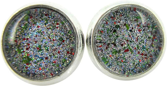 Summerfield Collection Silver-tone Green Red and Holographic Glitter Glass Stud Earrings Hand-painted 8mm