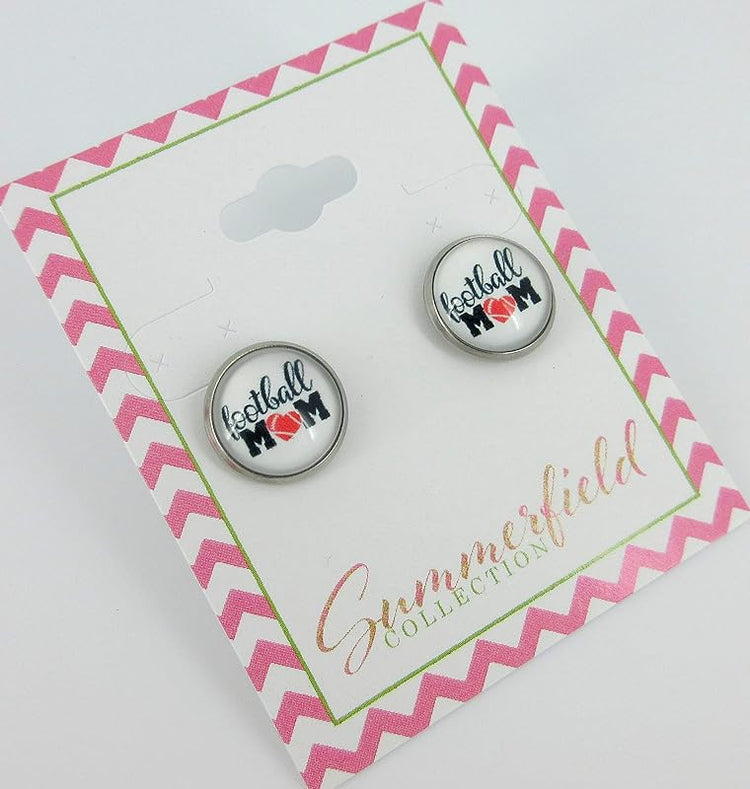 Summerfield Collection Stainless Steel Football Mom Print Glass Stud Earrings 12mm