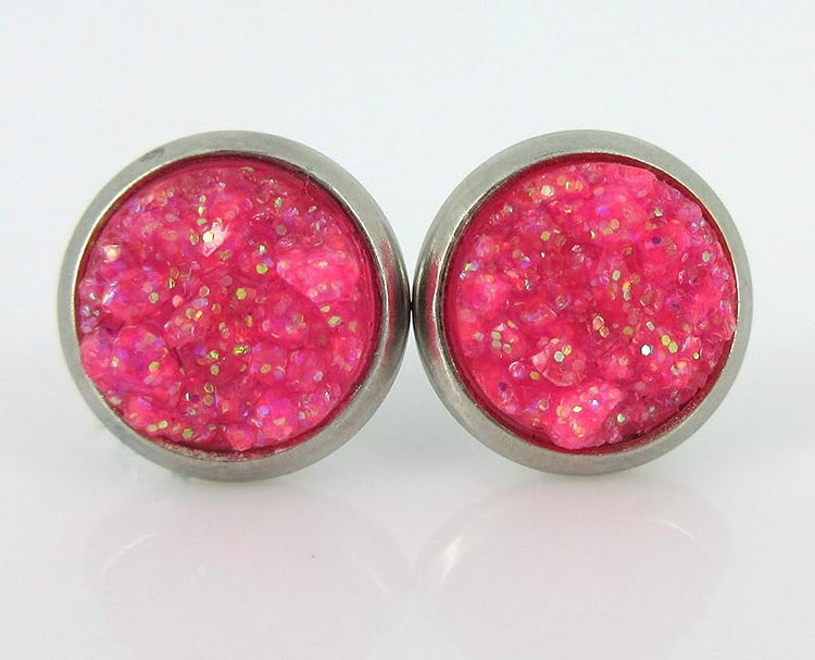 Summerfield Collection Stainless Steel Neon Pink Orange Yellow Green Faux Druzy Glitter Stone Stud Earrings Set (8mm)