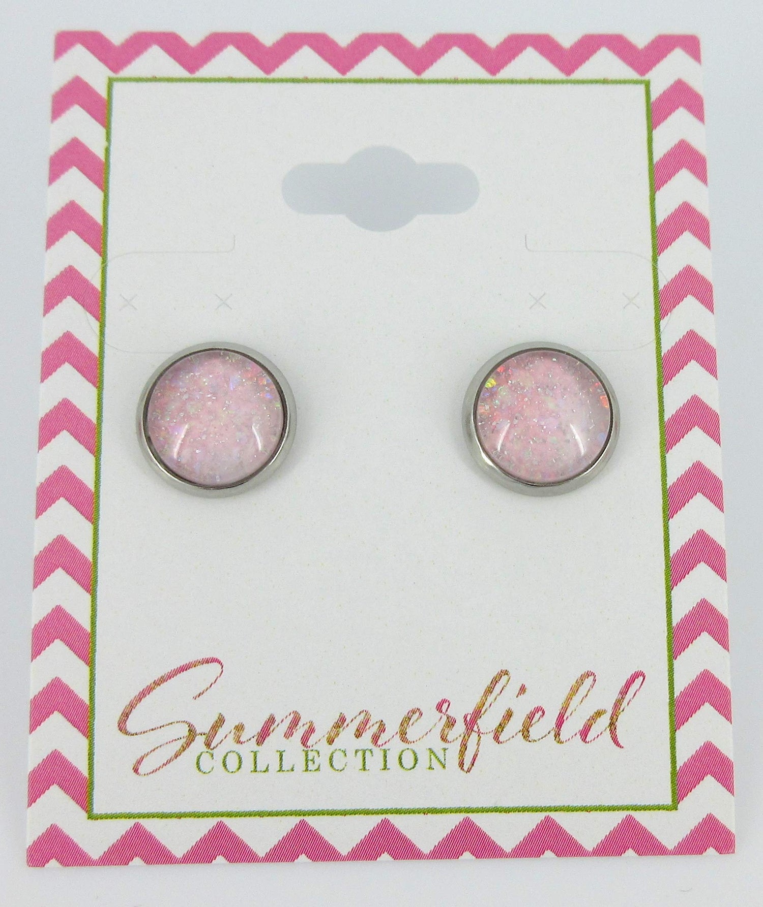 Stainless Steel Pale Pink and Iridescent Glitter Glass Stud Earrings Hand-painted 10mm