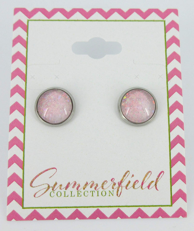 Stainless Steel Pale Pink and Iridescent Glitter Glass Stud Earrings Hand-painted 10mm