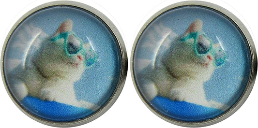 Summerfield Collection Stainless Steel Cat Lover Printed Glass Stud Earrings 12mm (Cruising Cool Cat)