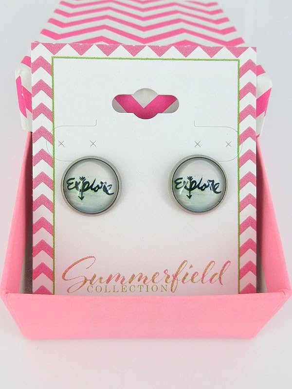 Summerfield Collection Stainless Steel Explore Print Glass Stud Earrings 12mm