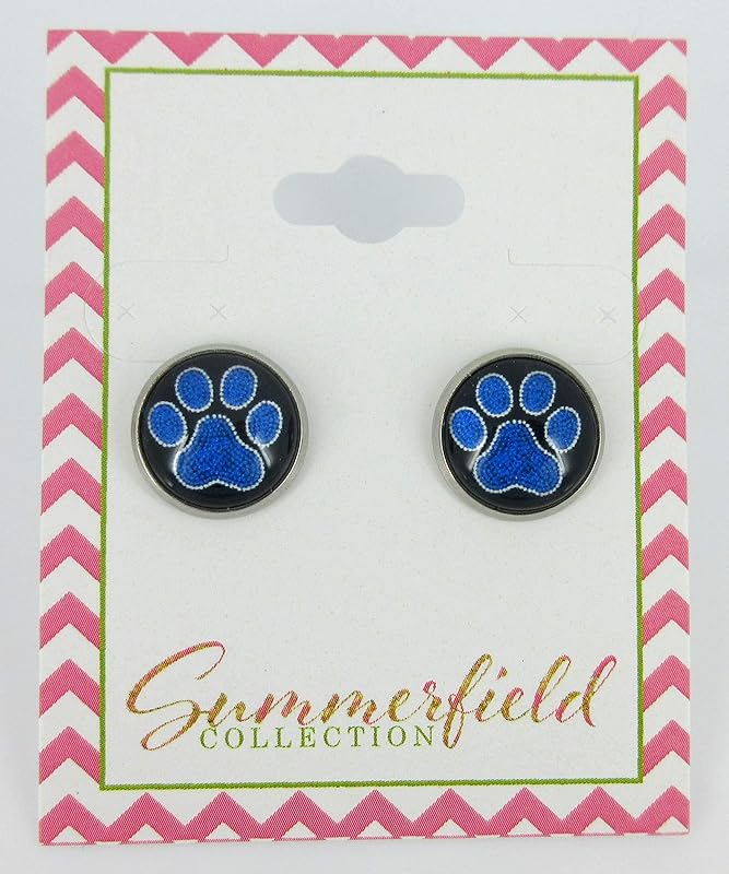 Summerfield Collection Stainless Steel Paw Print Glass Stud Earrings 12mm (Royal Blue)