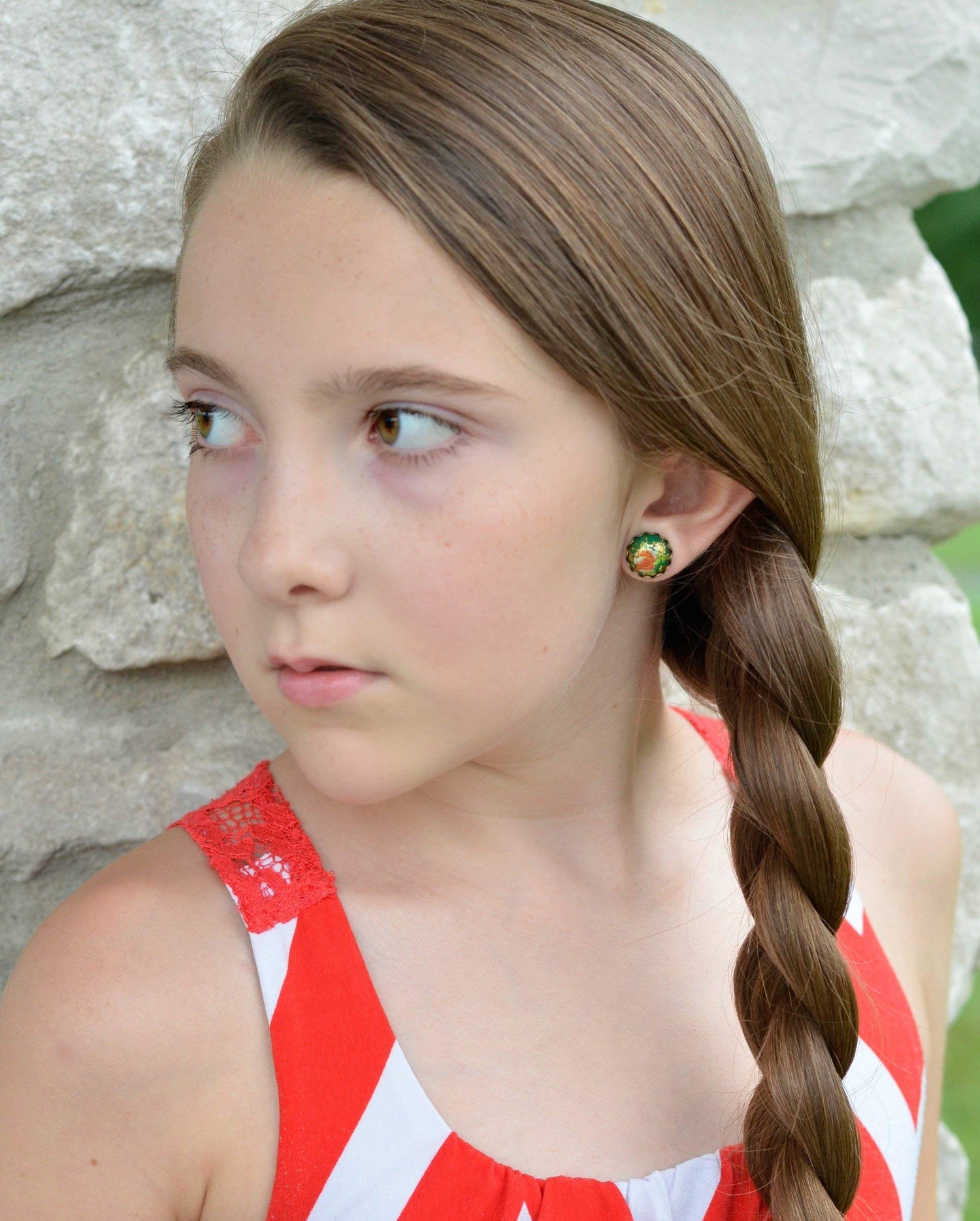 Antiqued Gold-tone Floral Print Stud Earrings 12mm