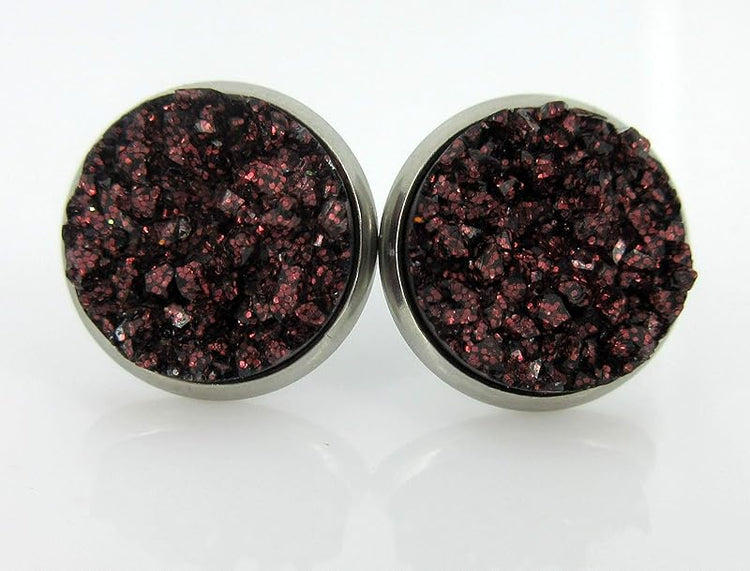 Summerfield Collection Duo Stainless Steel Glitter Faux Druzy Stone Stud Earrings Set (Dark Maroon/Gold)