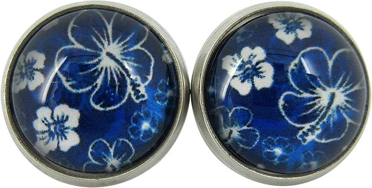 Summerfield Collection Stainless Steel Hibiscus Flower Print Glass Stud Earrings 12mm Hawaiian (Royal Blue)
