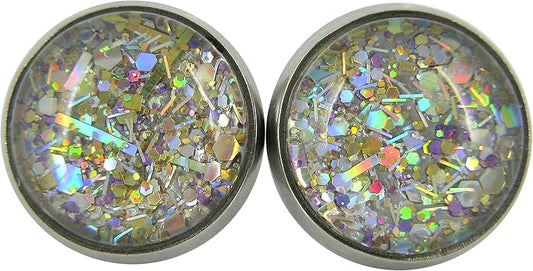 Summerfield Collection Stainless Steel Metallic Silver and Gold Glitter Glass Stud Earrings Hand-painted 10mm