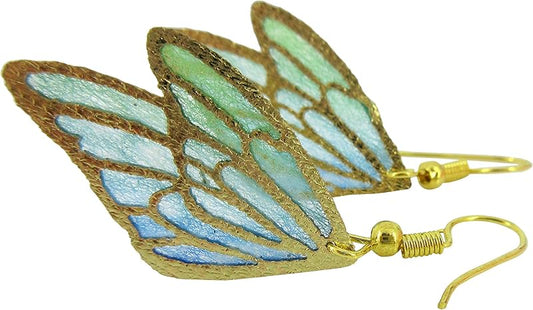Summerfield Collection Gold Tone Butterfly Wing Fabric Dangle Earrings (Blue and Green Double Wing)