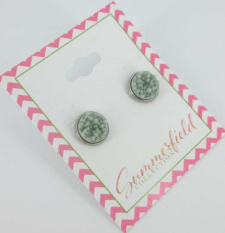 Summerfield Collection Stainless Steel Matte Faux Druzy Stone Stud Earrings 10mm (Light Sage)