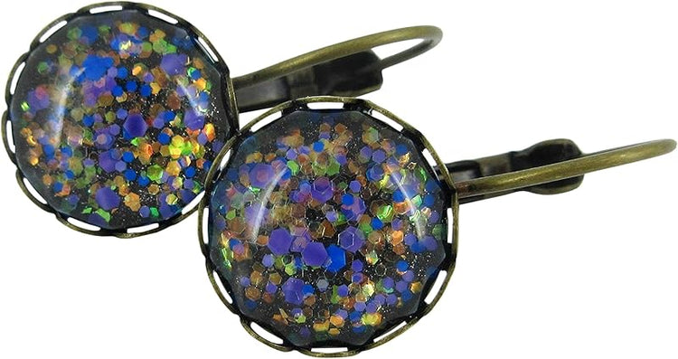 Summerfield Collection Antiqued Gold-tone Purple Blue Green Iridescent Glitter Glass Lever-back Earrings Hand-painted