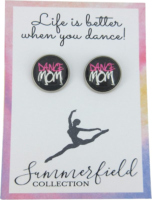 Summerfield Collection Stainless Steel Dance Mom Print Glass Stud Earrings 12mm (Black Grafitti)