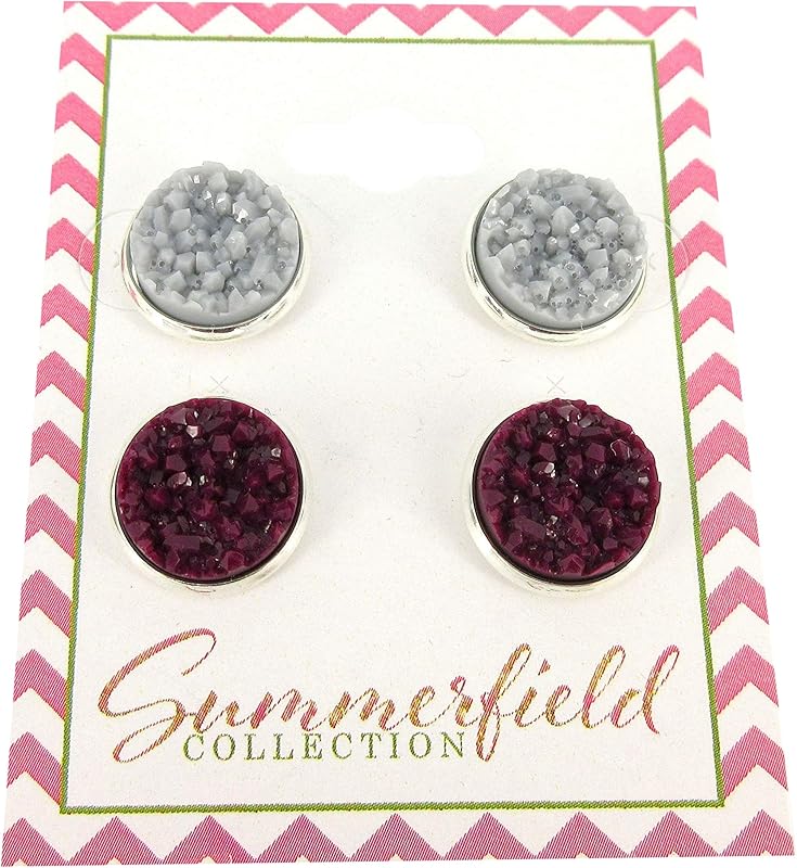 Summerfield Collection Duo Stud Earrings Silver-tone Gray and Eggplant Faux Druzy Stone 12mm Set