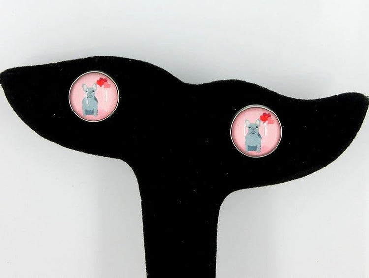 Summerfield Collection Stainless Steel Pink Gray French Bulldog Hearts Print Glass Stud Earrings 12mm