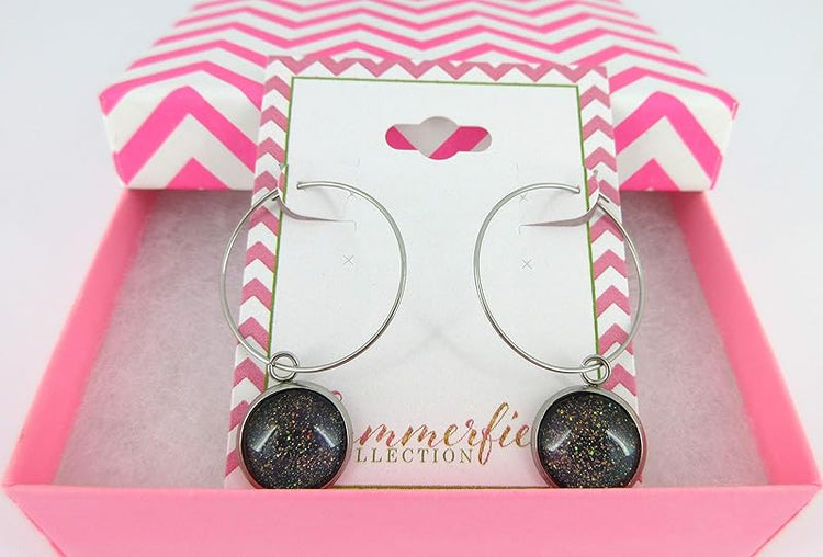 Summerfield Collection Stainless Steel Blue Purple Gray Glitter Glass Charm Hoop Earrings Hand-painted 1"