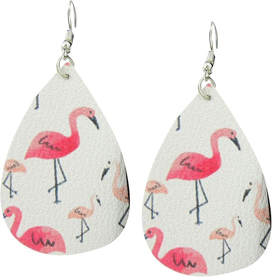 Summerfield Collection White and Pink Flamingo Faux Leather Large Teardrop Dangle Earrings