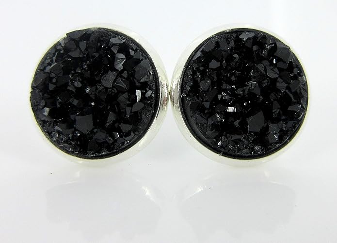Trio Silver-tone Stud Earrings Faux Druzy Stone Orange AB Black Set 12mm