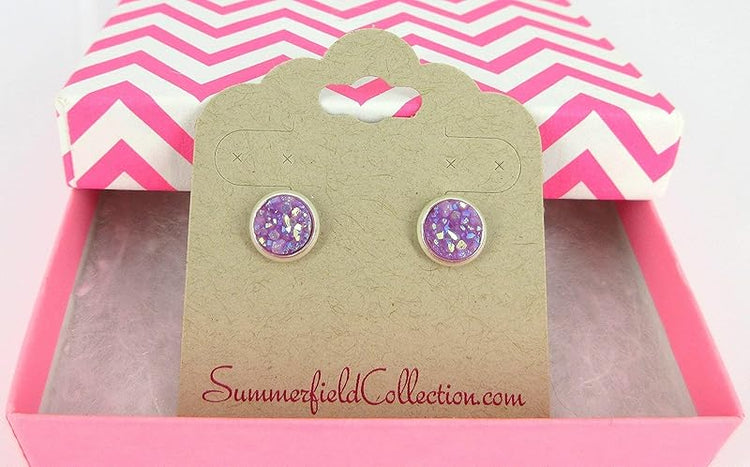Summerfield Collection Silver-tone Pastel AB Faux Druzy Stone Stud Earrings 8mm (Lavender Purple)