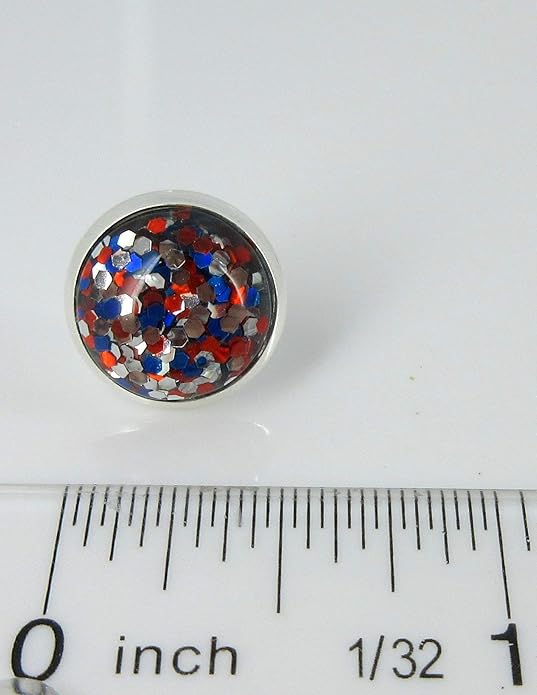 Silver-tone Patriotic Glitter Resin Stud Earrings Red Blue USA